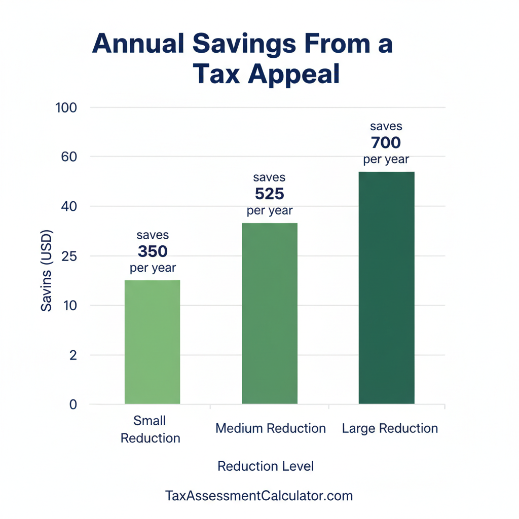 Bar chart showing potential annual savings from a property tax appeal, with small reductions saving $350 per year, medium reductions saving $525, and large reductions saving $700 at a 1.5% tax rate