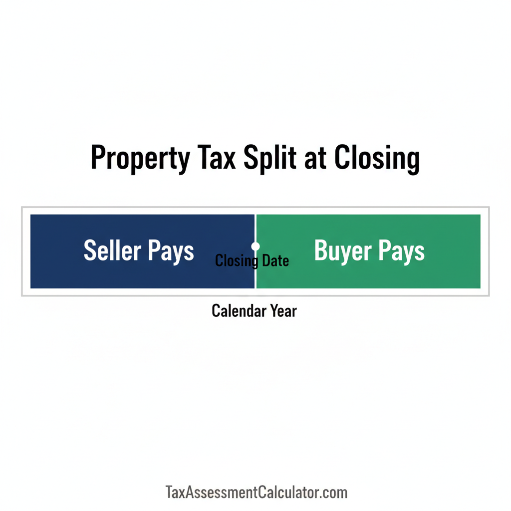 Infographic showing how annual property tax is split between buyer and seller at closing, with the seller paying for days owned before closing and the buyer paying for days after, based on a daily rate calculation