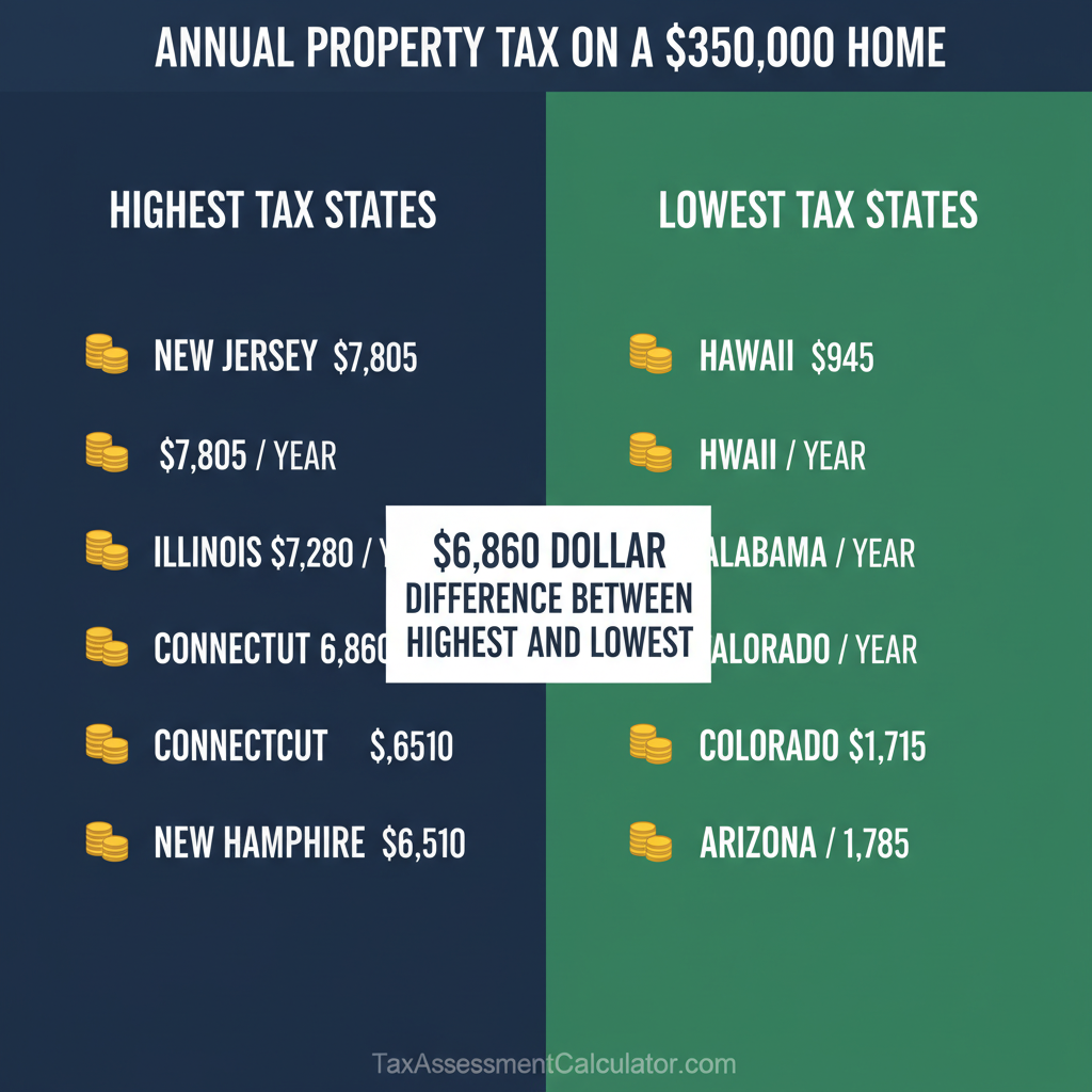 Side-by-side comparison showing annual property tax on a $350,000 home in highest-tax states like New Jersey at $7,805 versus lowest-tax states like Hawaii at $945, a difference of $6,860 per year