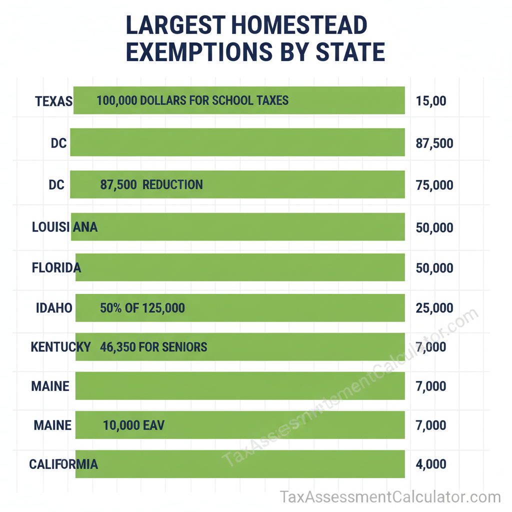 Bar chart comparing homestead exemption amounts by state, with Texas offering $100,000 for school taxes as the most generous and Alabama at $4,000 as one of the smallest
