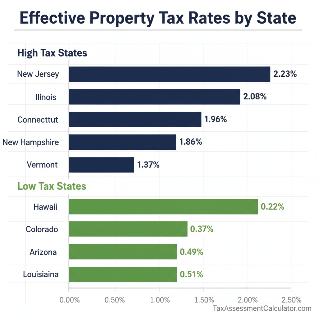 Bar chart comparing effective property tax rates by state, showing New Jersey at 2.23% as the highest and Hawaii at 0.27% as the lowest, based on Tax Foundation data
