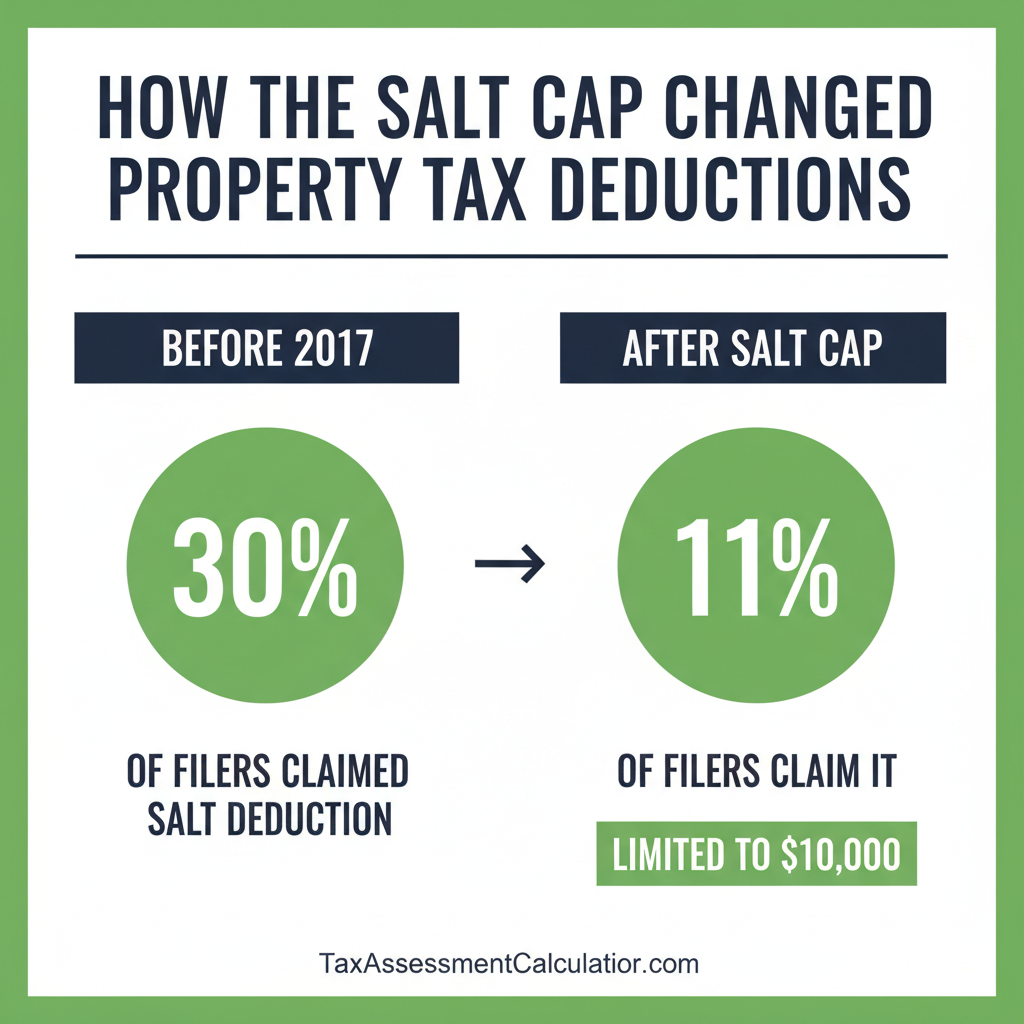 Infographic showing the impact of the SALT deduction cap, comparing 30% of filers claiming SALT before 2017 to only 11% after the $10,000 cap was enacted by the Tax Cuts and Jobs Act