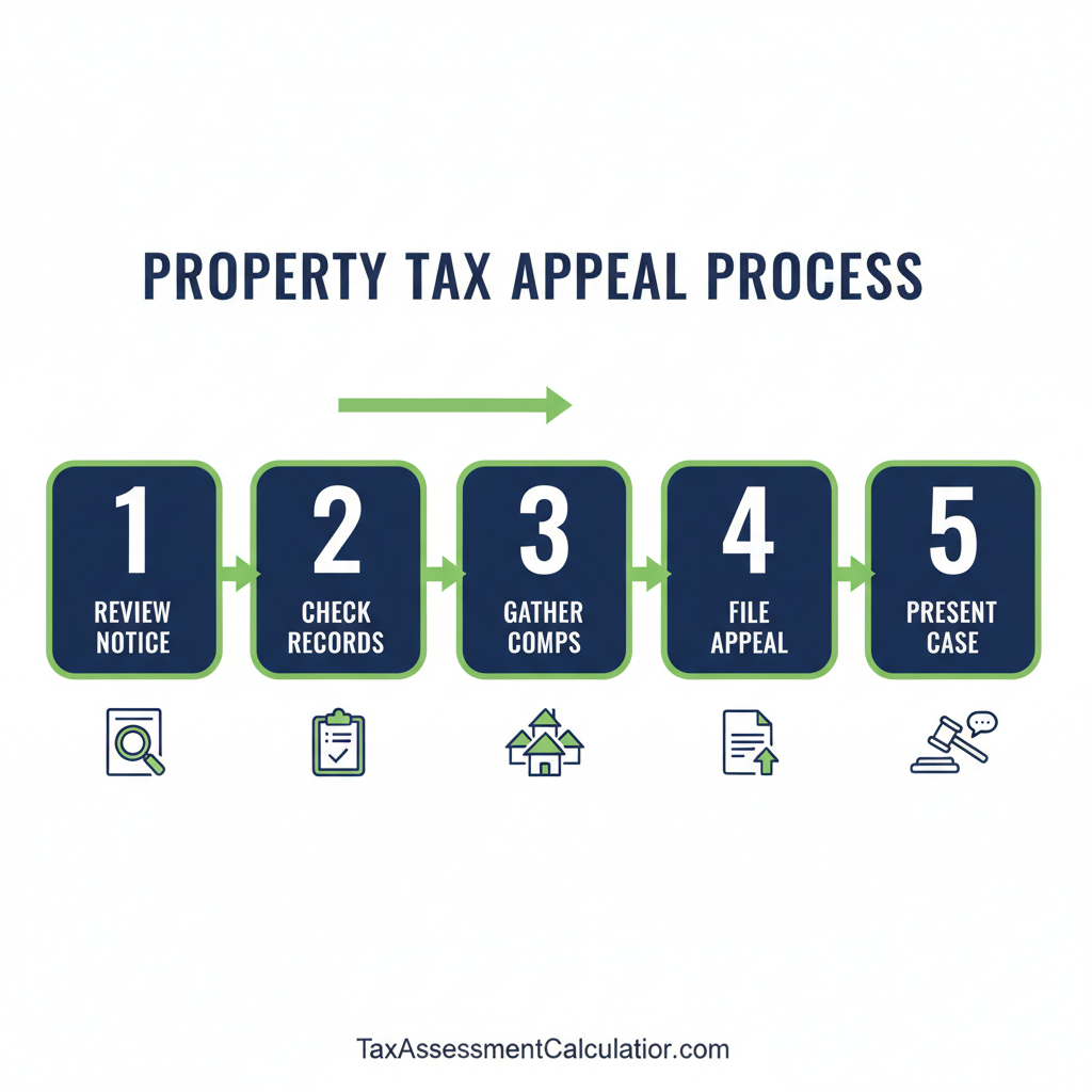 Five-step property tax appeal process infographic showing: 1. Review Notice, 2. Check Records, 3. Gather Comps, 4. File Appeal, 5. Present Case, with icons for each step