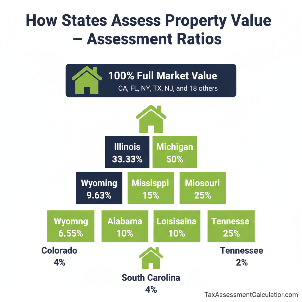 Infographic comparing property tax assessment ratios across US states, from South Carolina at 4% to 23 states that assess at 100% of market value